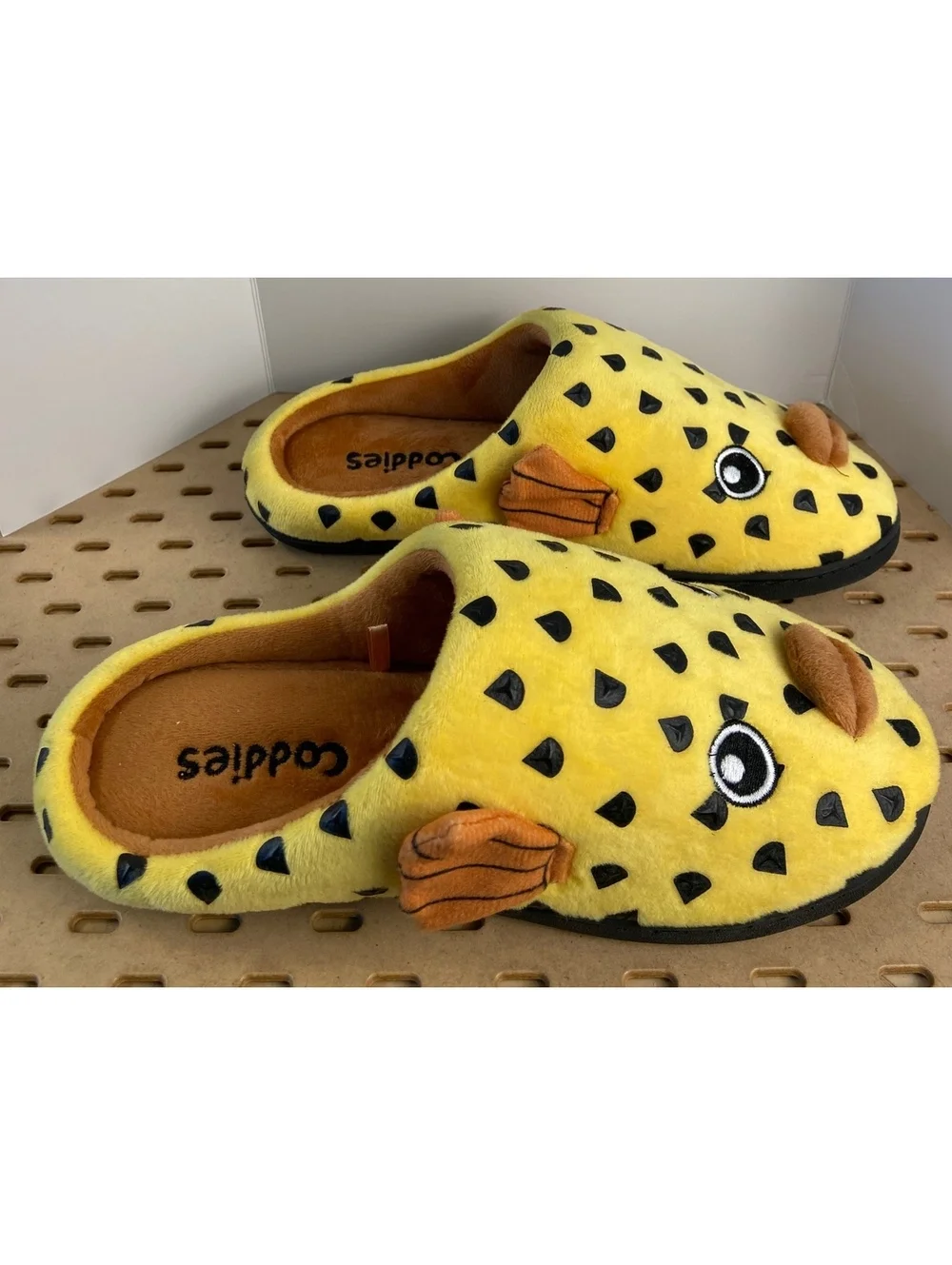 Coddies Yellow Plush Fish Slippers with Black Spots and Orange Fins